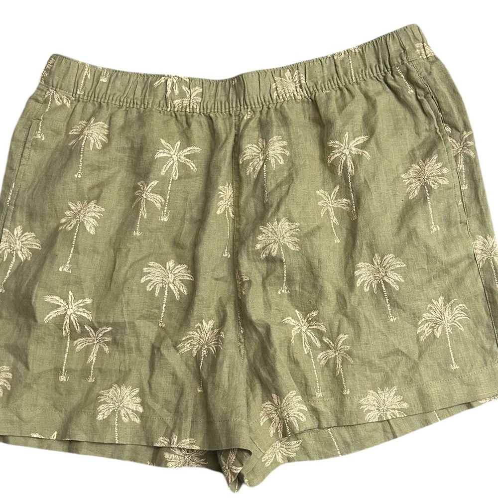 C&C California Olive Green Palm Print Linen Blend Shorts